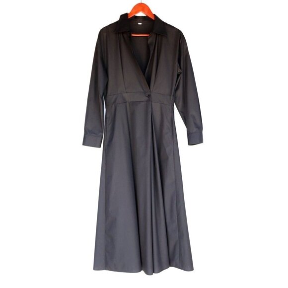 Bespoke Women's Medium Black Shirt Dress Pleated Cotton Pockets Tailored Midi - Picture 1 of 6